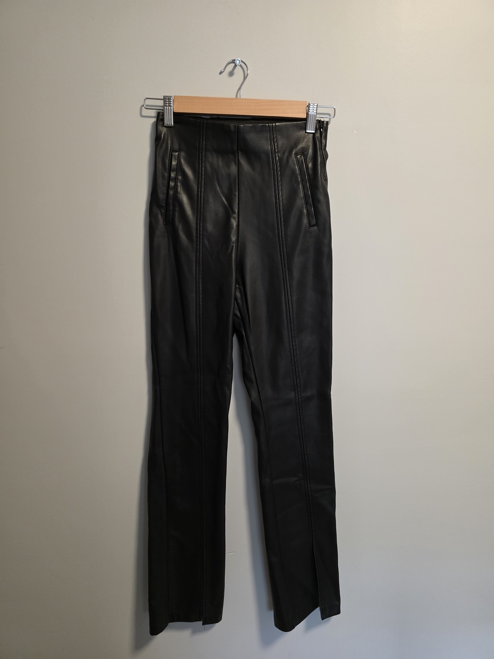 stradivarius Black Faux Leather Split Ankle Pants